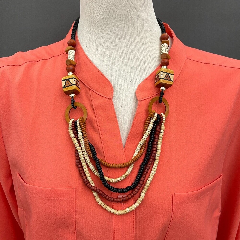 Wooden Beads Gold-tone Black Beige Orange Brown Tribal Boho Fashion Necklace